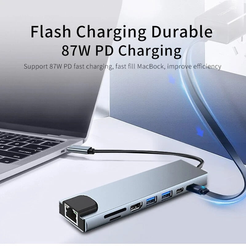 8-in-1 USB-C Hub – 4K HDMI, Gigabit Ethernet, SD/TF Reader, PD Charging